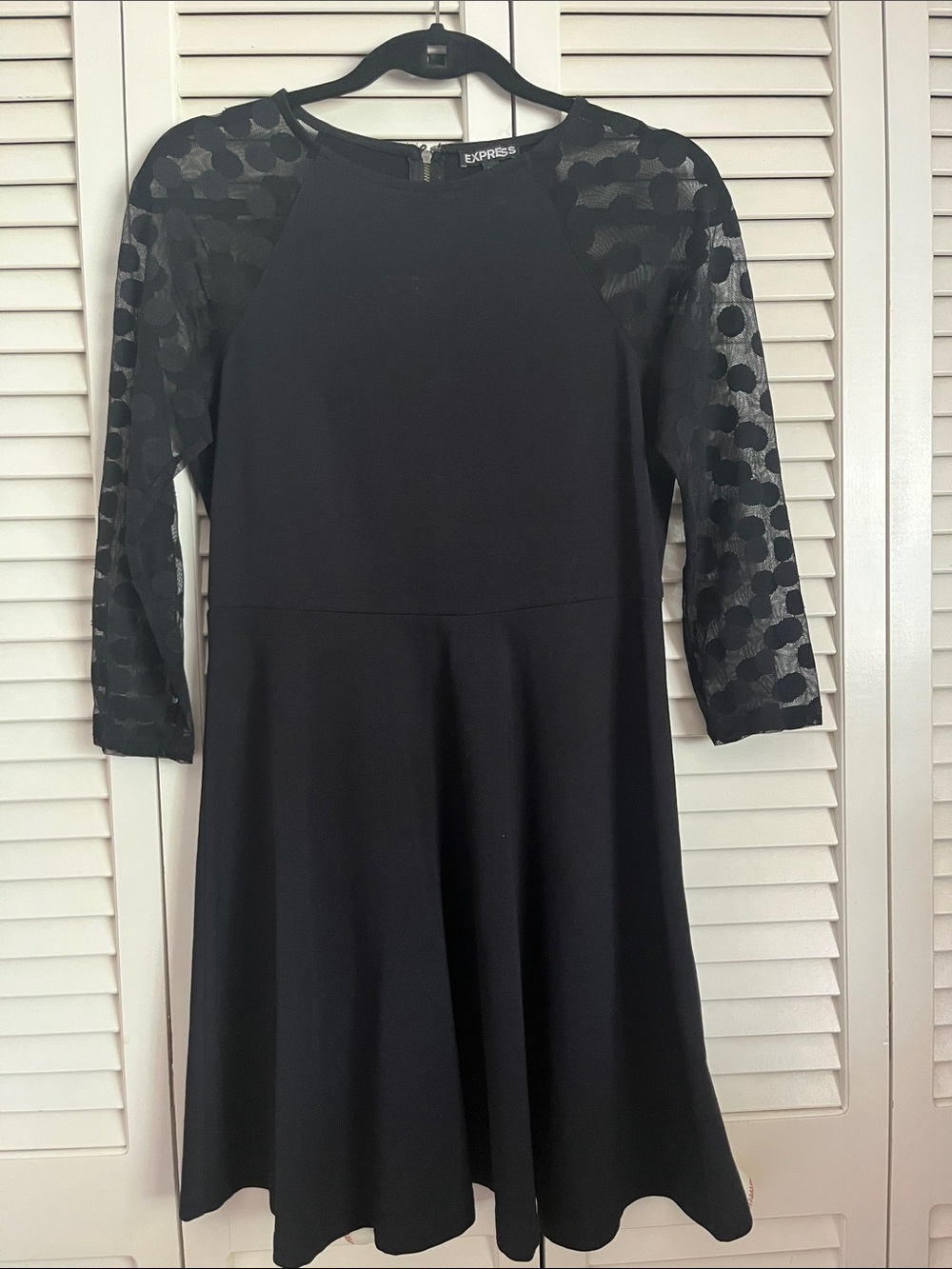 Express Black Fit & Flare Dress with Polka Dot Mesh Sleeves